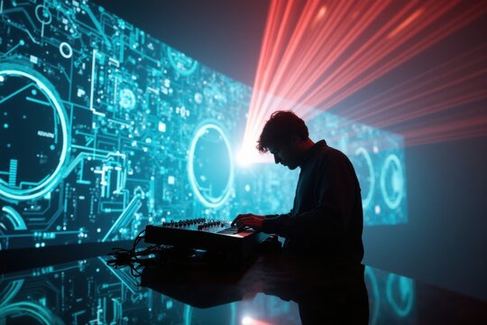 Musician performing with synthesizer in front of digital circuit projection screen