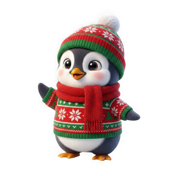 Cute cartoon penguin wearing a festive christmas sweater, scarf, and hat isolated on transparent background