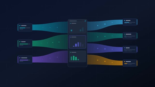Sankey data pipeline diagram with glowing multi stage flow streams