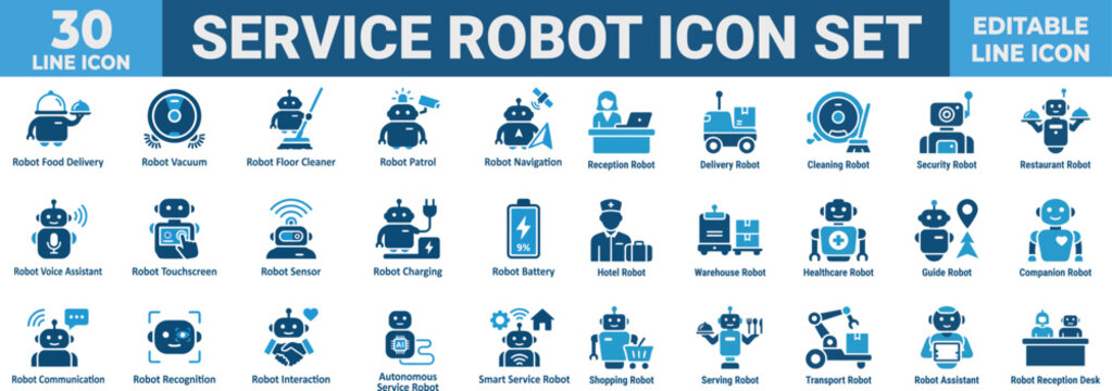 Service Robot Fill Icon Set &ndash; Delivery, Cleaning, Security, Healthcare, Hospitality, Restaurant, Warehouse, Navigation, Communication, AI Assistant and Smart Automation Technology