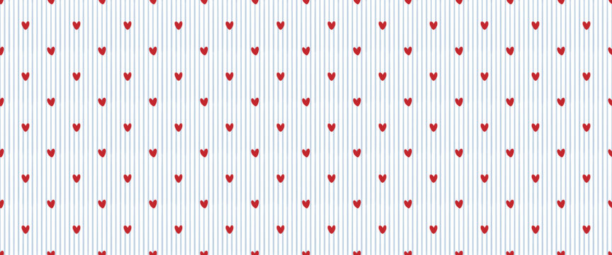 Seamless blue vertical stripe and red heart pattern vector background for coquette baby shower nursery decor romantic valentine gift wrapping paper and preppy fabric