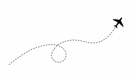 Minimalist black airplane silhouette flying on white background, with a dotted, flight path trail, showing a looping, trajectory and travel, route direction for, aviation concept © Biplob
