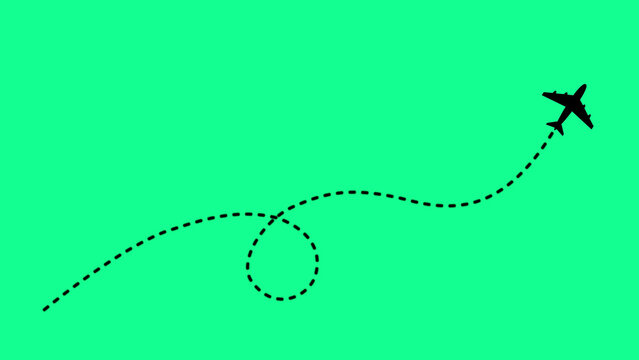 Black airplane silhouette flying on vibrant green background, with dotted flight, path trail showing, a looping trajectory, and travel route, direction for aviation concept