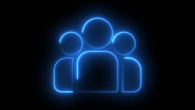 Bright blue neon glowing three person user group isolated on black background, for social media, networking and teamwork, digital interface concept