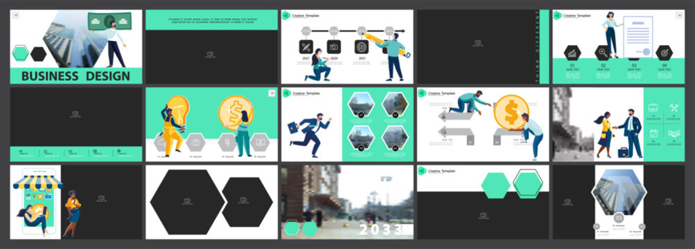 Set, powerpoint, business presentations, monetary financial circulation, buying gold coins. Infographic design template, green, black elements. Team people is creating a business. Vector illustration,