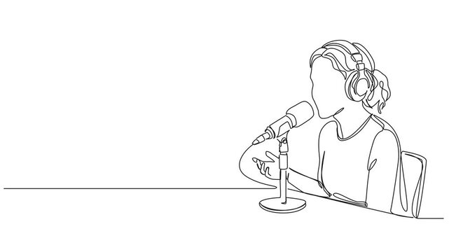 animated continuous line drawing of a young female host or guest with headphones speaking into microphone in podcast studio, podcasting or interview concept line art animation