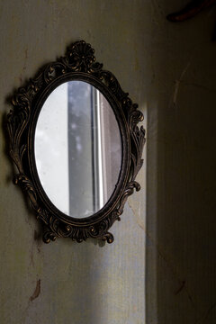 Vintage oval mirror with ornate carved dark frame hanging on textured plaster wall