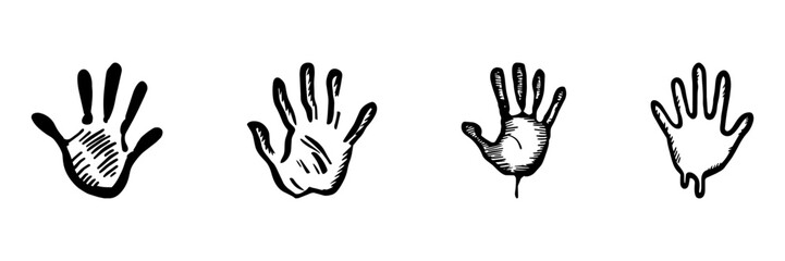 Fototapeta premium Hand Drawn Handprint Set. Symbolic Gesture Doodle Sketch Collection. Ideal For Communication And Expression Themes. Isolated Vector Illustration