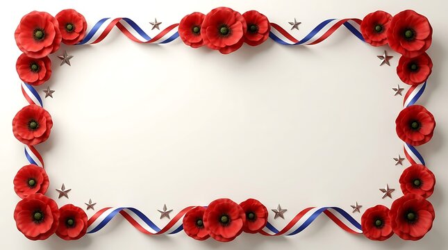 Red poppy flower frame with patriotic ribbon and silver stars for memorial day or remembrance day event