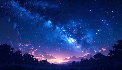 Fototapeta premium Starry Night Sky with Bright Stars and Nebula Galaxy, Abstract Cosmic Space Background in Deep Blue and Black Tones, Astronomy and Universe Concept