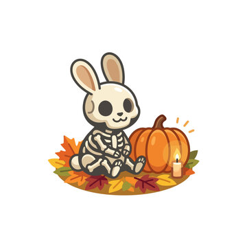 Cute Skeleton Bunny Rabbit Sitting with Pumpkin and Autumn Leaves, Isolated Halloween Illustration