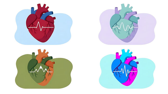 Set of four vibrant human heart illustrations in different colors with EKG lines, symbolizing health, cardiology, and medical care