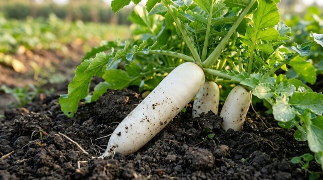 A white daikon radish growing in the dark soil of a vegetable garden with green leafy foliage