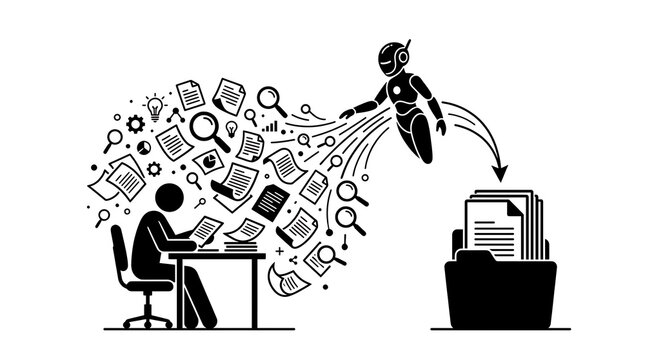 Robot automating data entry from scattered documents into organized folder during digital transformation