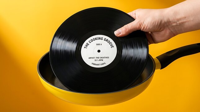 Hand holding vintage vinyl record against bright yellow background for retro music concept