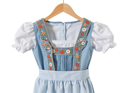 Light blue dirndl with floral embroidered straps on a hanger, isolated on transparent background