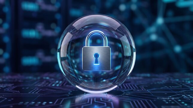 Cybersecurity data protection concept featuring glowing blue padlock inside glass sphere on computer circuit board