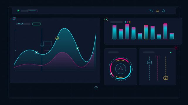 Futuristic dashboard interface with glowing neon data graphs, charts, and audio equalizer panels