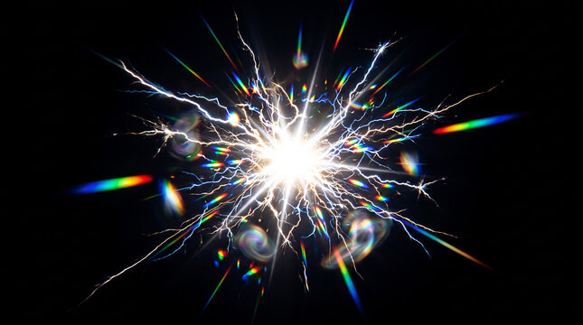 Powerful energy discharge explosion with bright white light core and colorful rainbow prism flares emitting from center against black background representing quantum physics or big bang