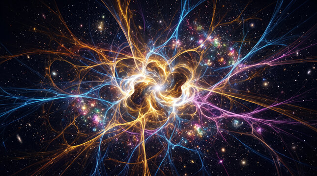 Cosmic abstract fractal glowing energy lines and stars forming intricate patterns and dynamic shapes against dark night sky with stardust