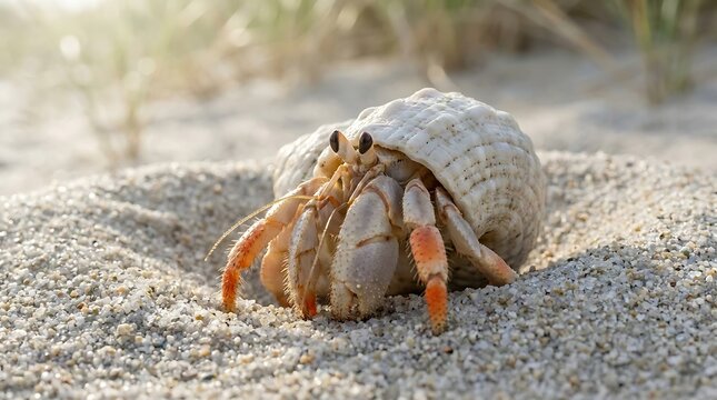 Hermit crab crawling out of white sand beach with natural sunlight and soft focus background