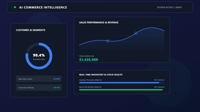 AI commerce intelligence dashboard showing customer segments, sales performance, and real-time inventory metrics