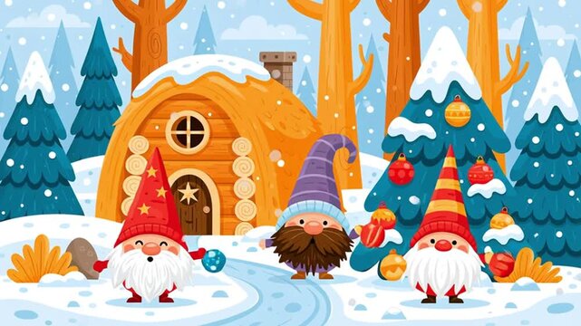 Cute cartoon gnomes with Christmas tree balls, winter, house, flat design