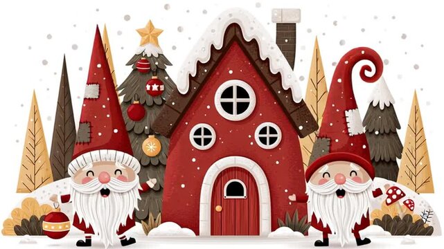 Cute cartoon gnomes with Christmas tree balls, winter, house, flat design