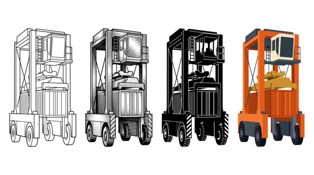 Straddle carrier in four designs outline engraving silhouette and color vector illustration