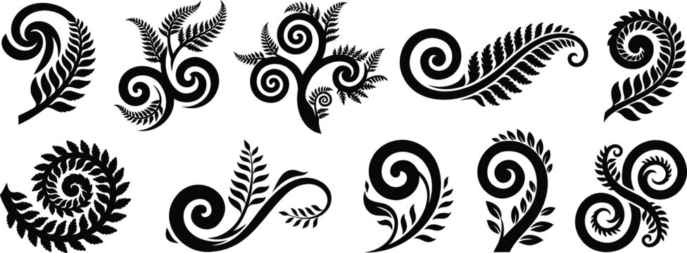 Black fern leaf swirl icons and tribal koru patterns