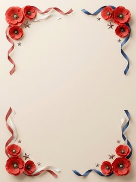 Decorative frame border with red poppy flowers and wavy ribbons for memorial day or greeting card design