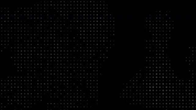 Abstract technology random dots and grid with minimal ring shapes, white dot matrix organic wave motion, digital data particle pattern.