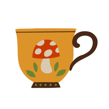 Yellow teacup decorated with red and cream amanita mushroom and green leaves. Hand drawn colorful kitchen tableware illustration with botanical ornament, isolated on white background.