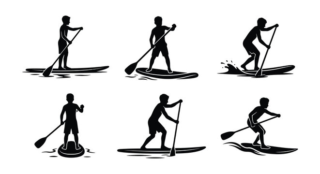 Stand up paddleboard silhouettes depicting various paddling poses vector illustration