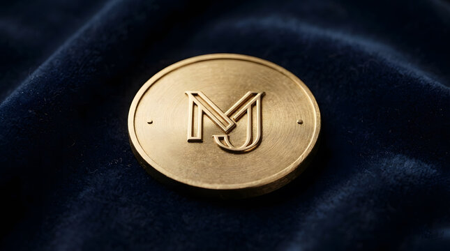 Golden oval metal badge with embossed monogram letter mj on dark blue velvet cloth background representing luxury branding and premium fashion identity