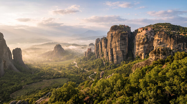 monasteries perched on towering rock cliffs of meteora at sunrise