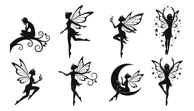 Beautiful silhouettes of mythical fairies dancing, flying, and sitting on the moon, isolated on a white background.