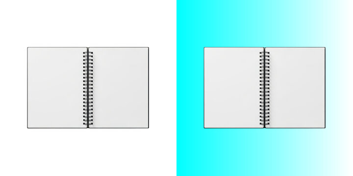 Open blank spiral notebook isolated on transparent background