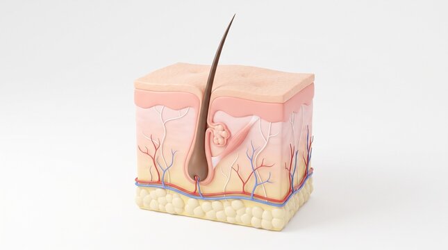 3D Human Skin Anatomy Cross Section with Hair Follicle, Sebaceous Gland, Blood Vessels and Skin Layers