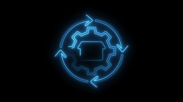 Neon style animation of gear rotating with arrow direction cycle for technology