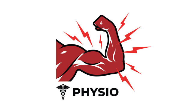 Muscular red bicep arm flexing with red lightning bolts and a caduceus symbol, representing physical therapy and muscle rehabilitation.
