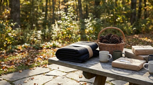 Cozy autumn picnic setup with folded blanket and woven basket on wooden bench in forest