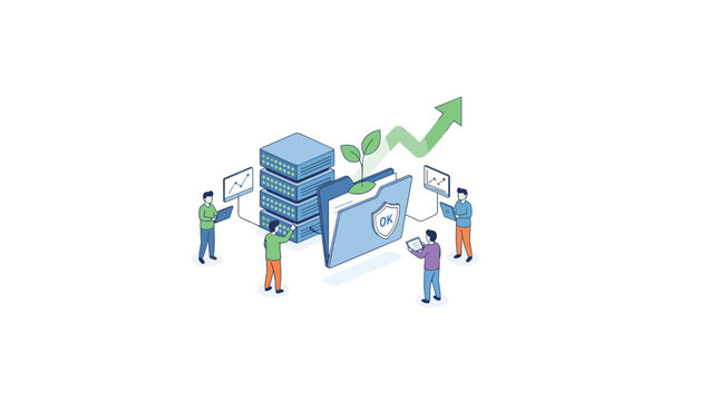 Isometric scene showing team of professional database administrators organizing data folders next to green growth.