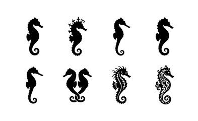 70 Set of 8 Black Seahorse Silhouettes, Marine Life Vector Icons, Ocean Creatures, Nautical Design Elements, Underwater Wildlife Graphics 100 © Ehsan