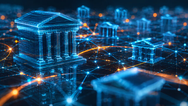 Glowing digital bank buildings connected across a futuristic financial network with luminous data lines, representing interconnected institutions, fintech infrastructure and modern banking technology