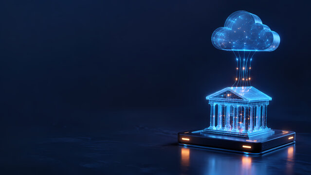 mall glowing digital bank building beneath a cloud icon with descending data lights on a dark blue background, representing cloud banking, fintech, financial data and connected banking infrastructure