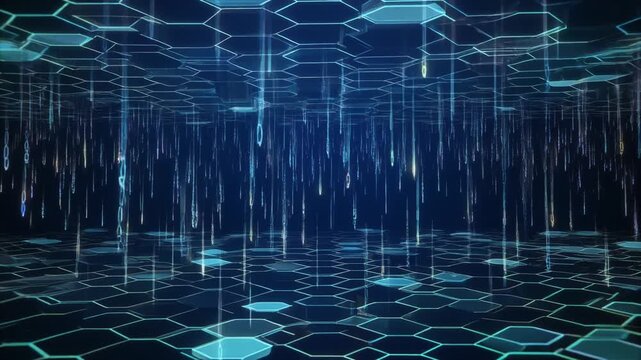 Abstract Digital Hexagonal Grid Network Background, Futuristic Data Flow