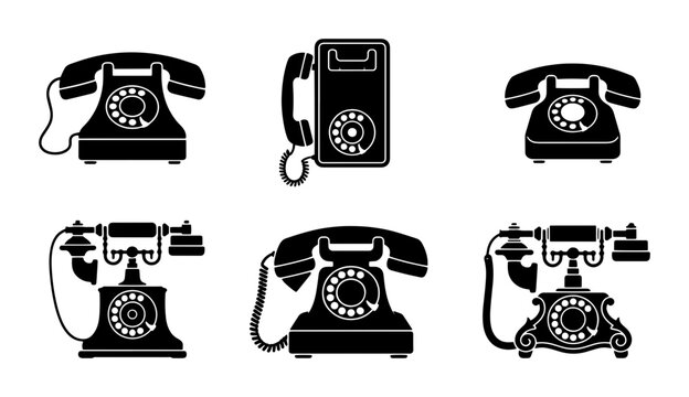 70 Vintage Rotary Phones Collection, Retro Communication Devices Set, Classic Telephone Icons, Old Fashioned Technology Graphics, Black and White Vector Illustrations 100