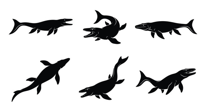 Black silhouettes of prehistoric mosasaurs vector illustration
