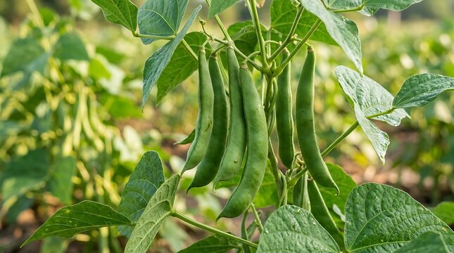 Fresh green bean pods hanging on a plant in a vegetable garden with blurred green leaf background